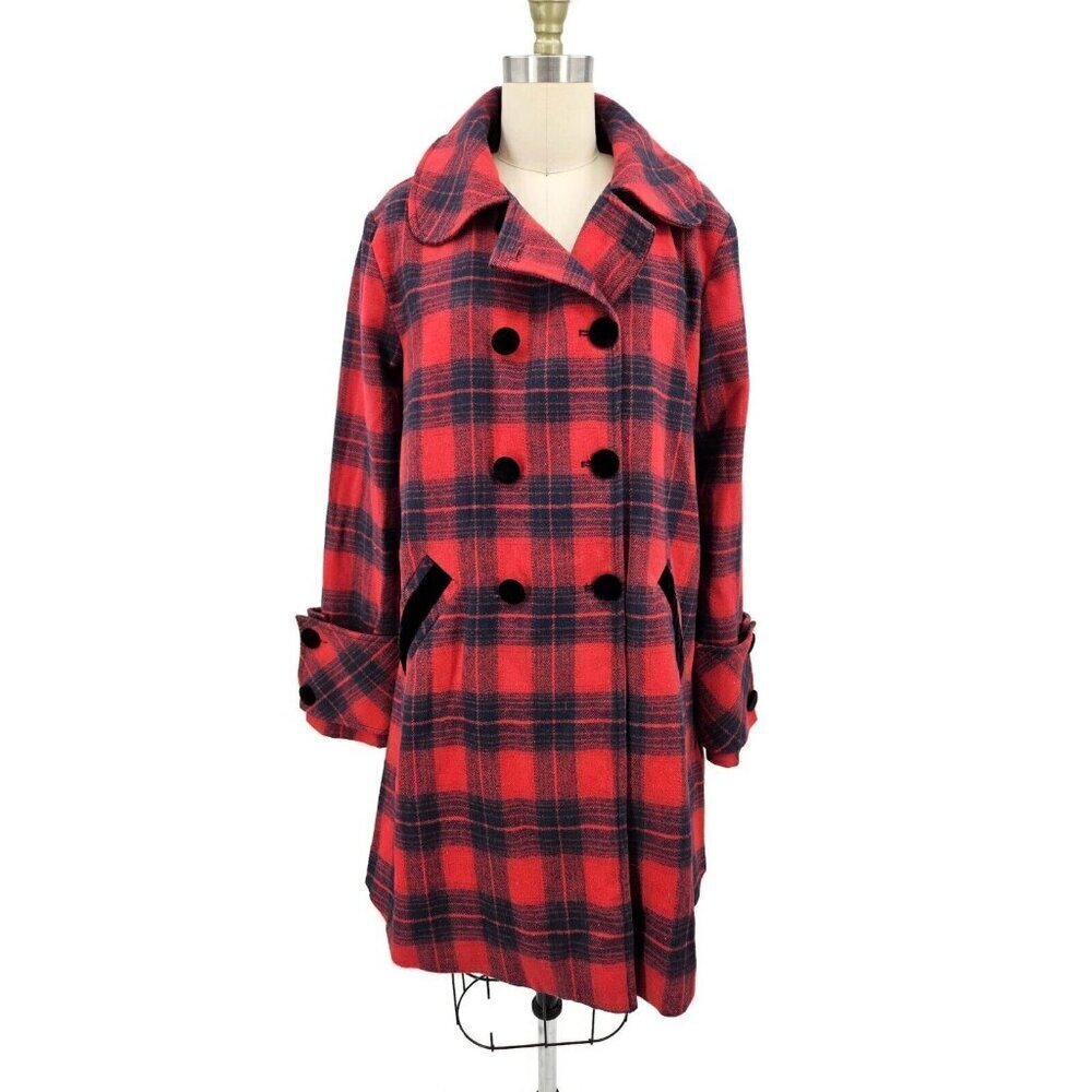 NWOT Unique Vintage Peacoat Womens L 10-12 Red Navy Black Plaid Jacket Pea Coat